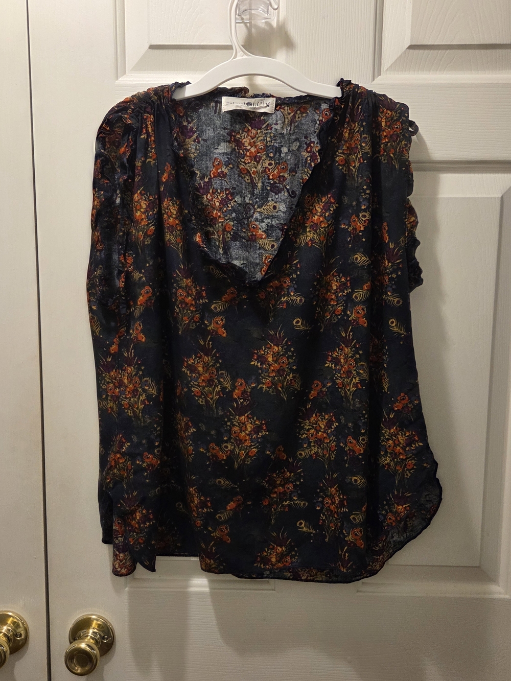 Women's Floral V-Neck Blouse - Dark green Orange Floral